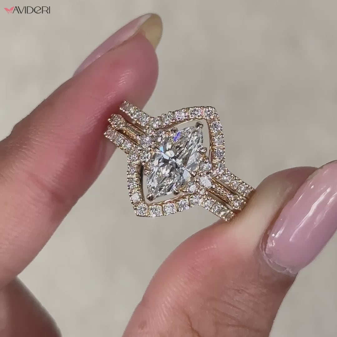 Avideri bridal set with marquise cut ring.