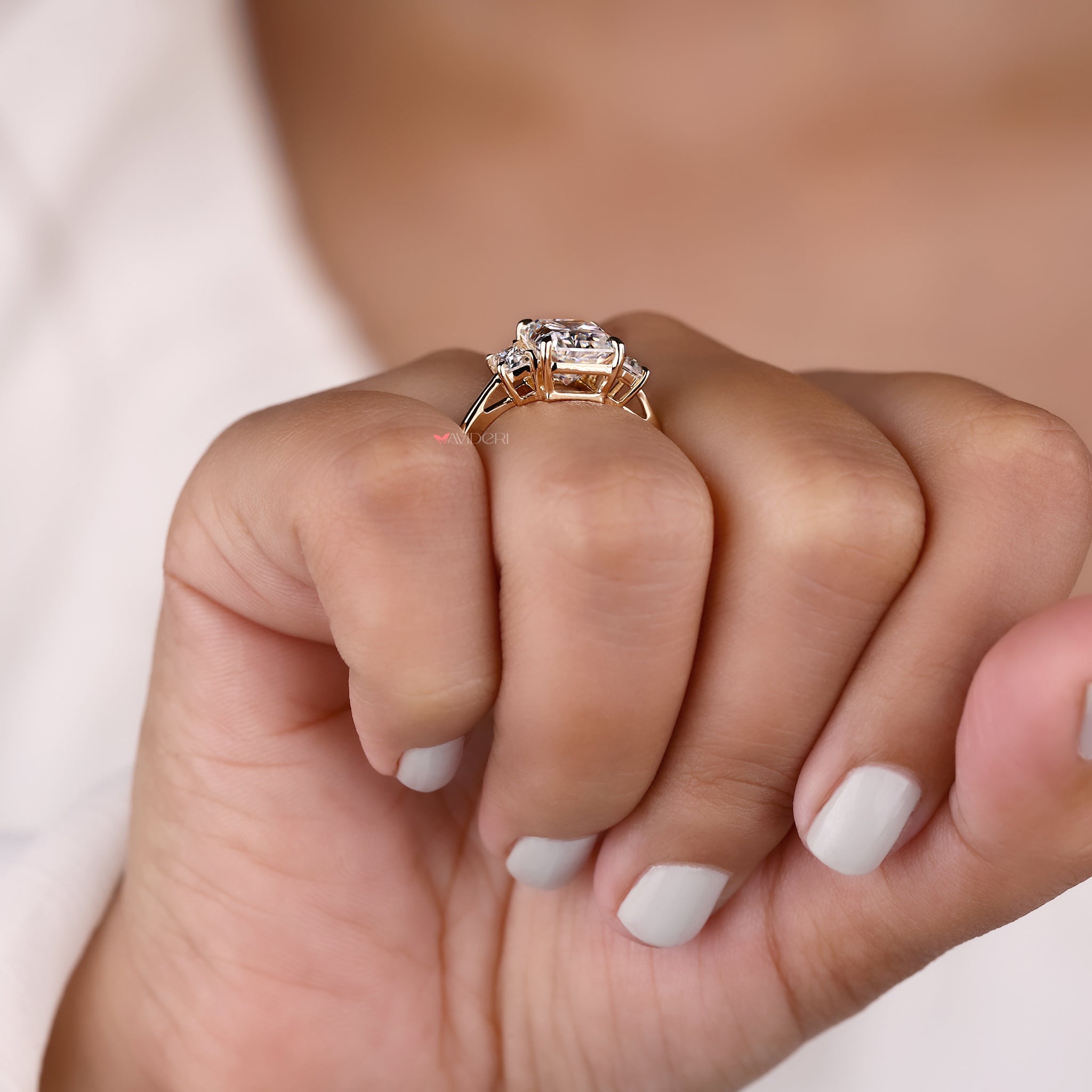Three stone engagement ring, moissanite gold ring, radiant cut ring