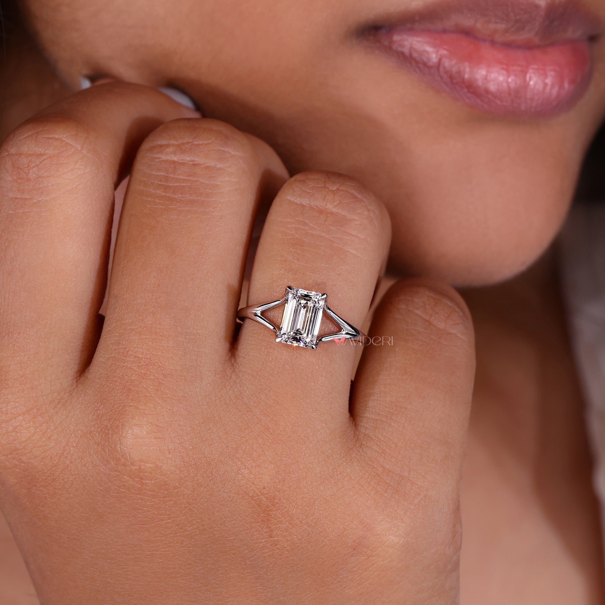 Emerald Cut Solitaire Ring with a split shank ring style, showcasing handmade jewelry and Lab Grown Diamond brilliance.