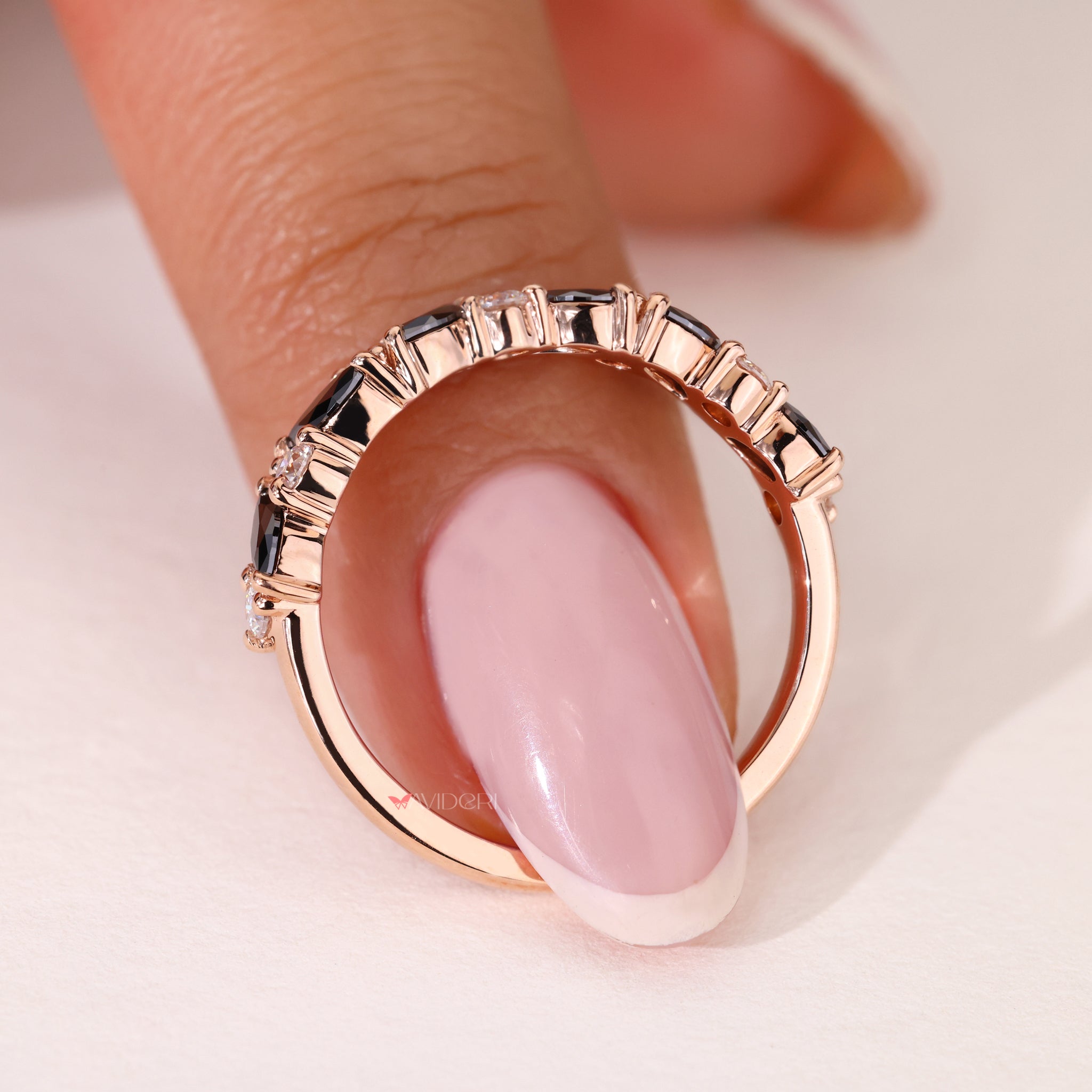 Rose gold band, half eternity band, moissanite wedding band