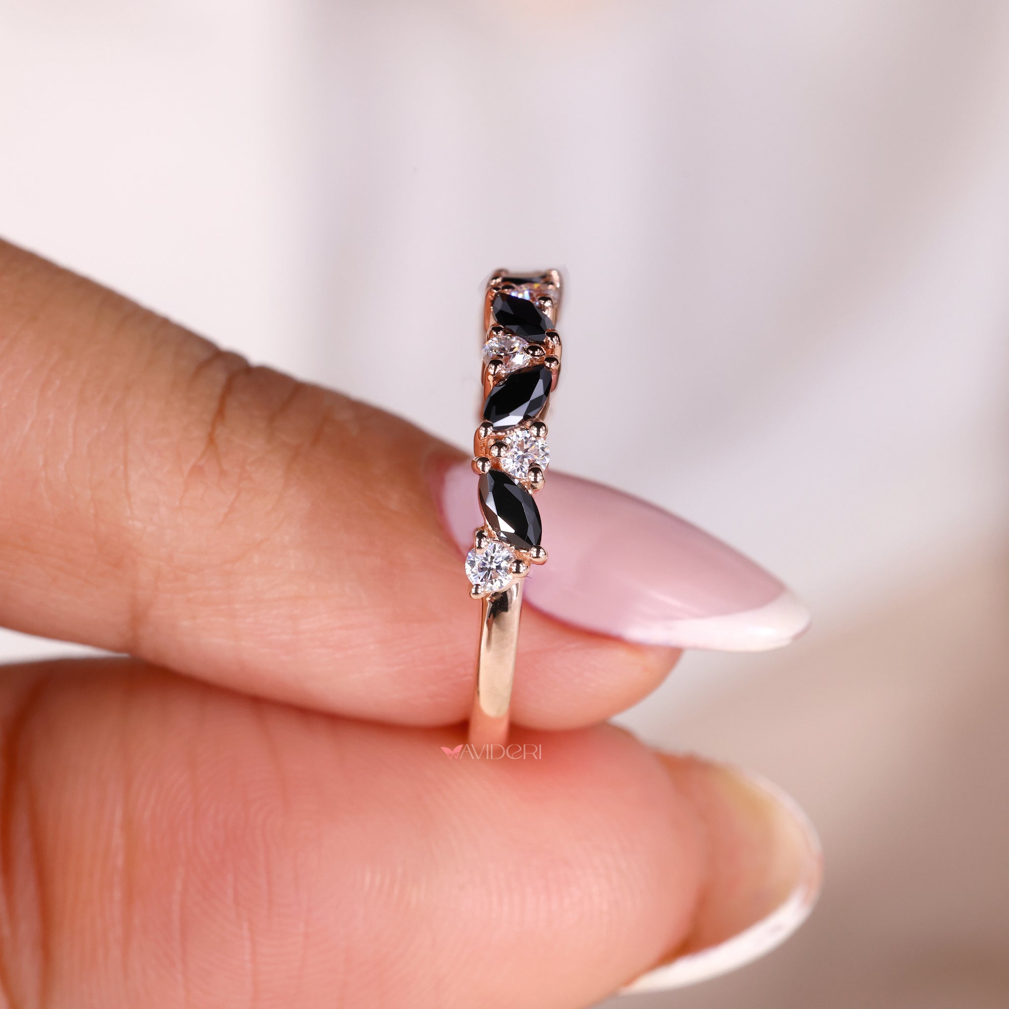 Rose gold wedding band, moissanite wedding band, avideri engagement band