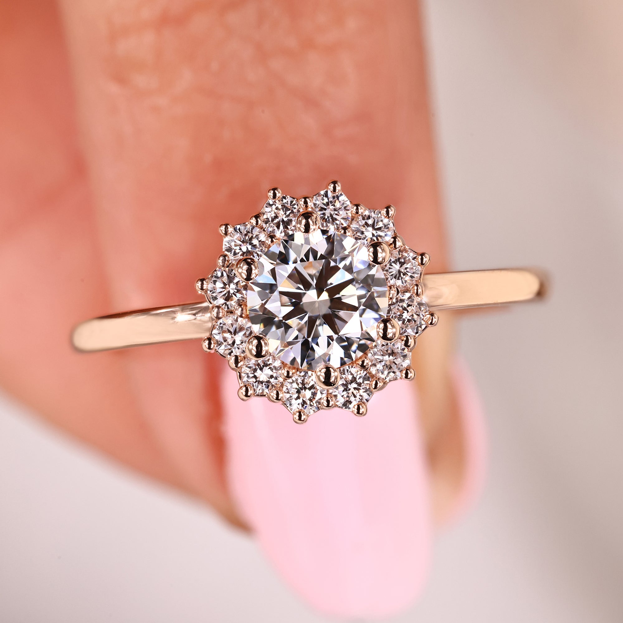 round cut lab grown diamond engagement ring in rose gold.