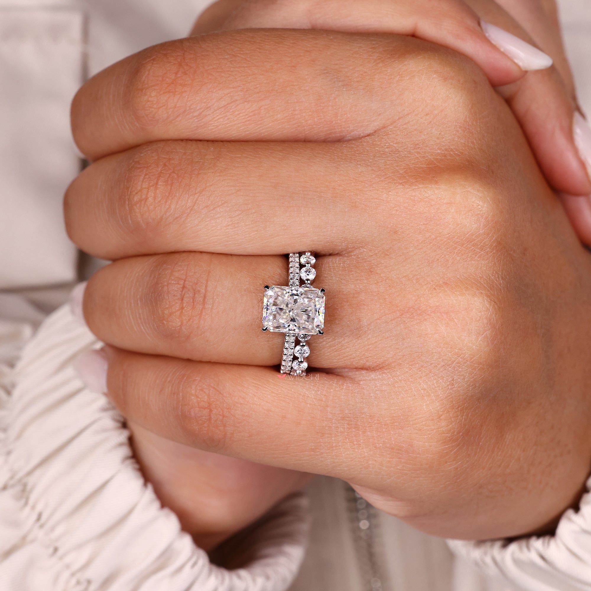 Round and radiant moissanite bridal set in white gold.