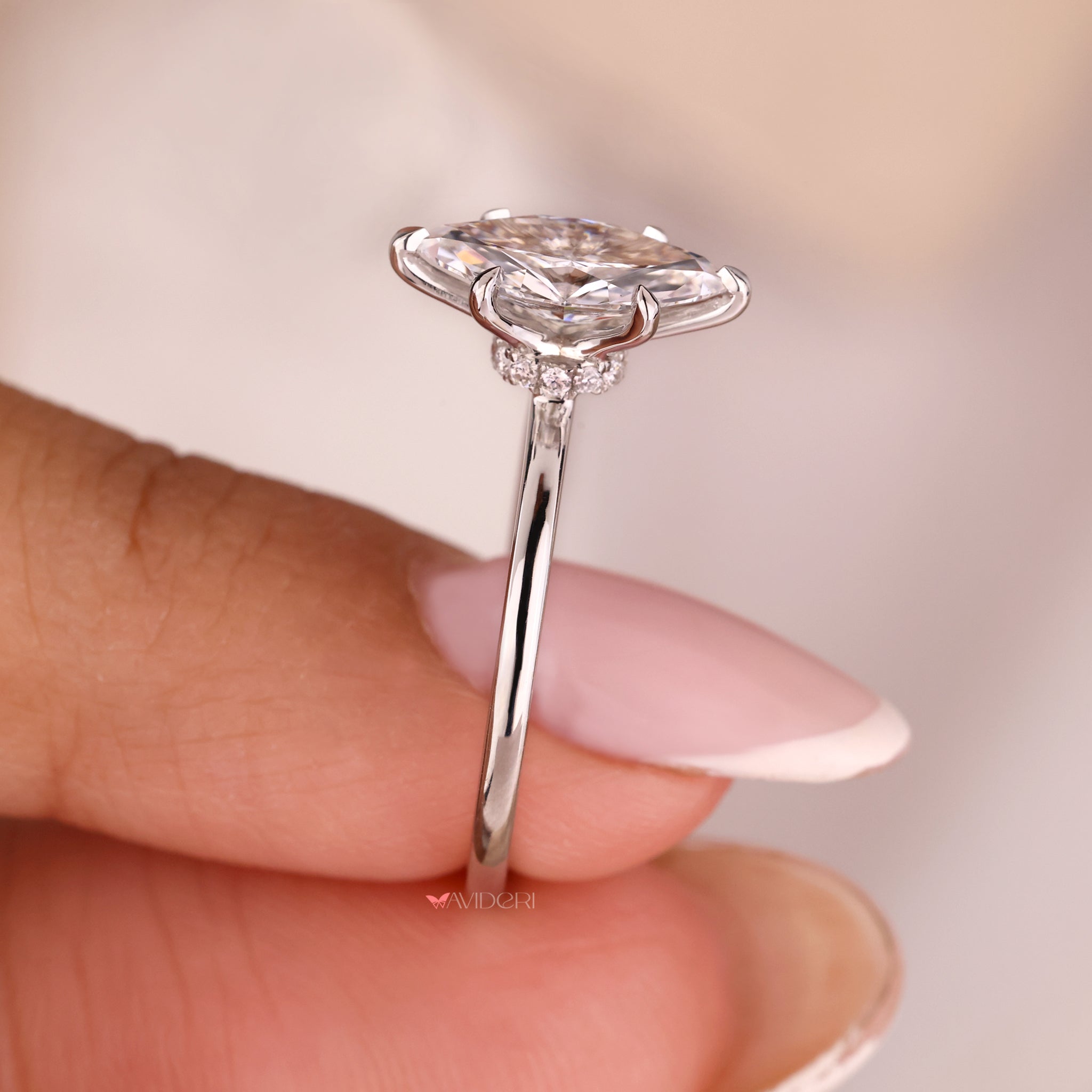 Lab grown diamond marquise ring with handmade details.