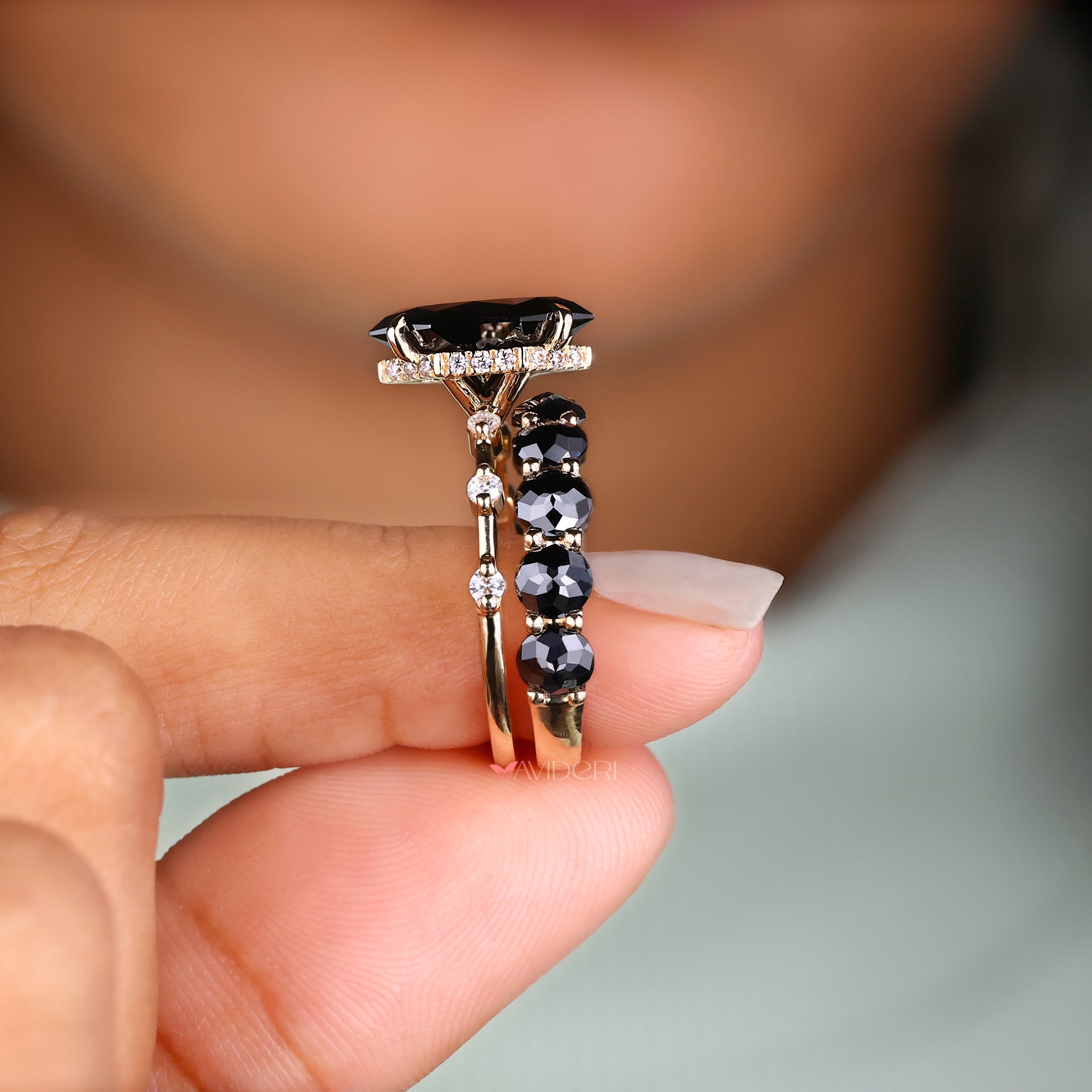 black marquise ring black moissanite ring Hidden Halo Setting Prong Setting.