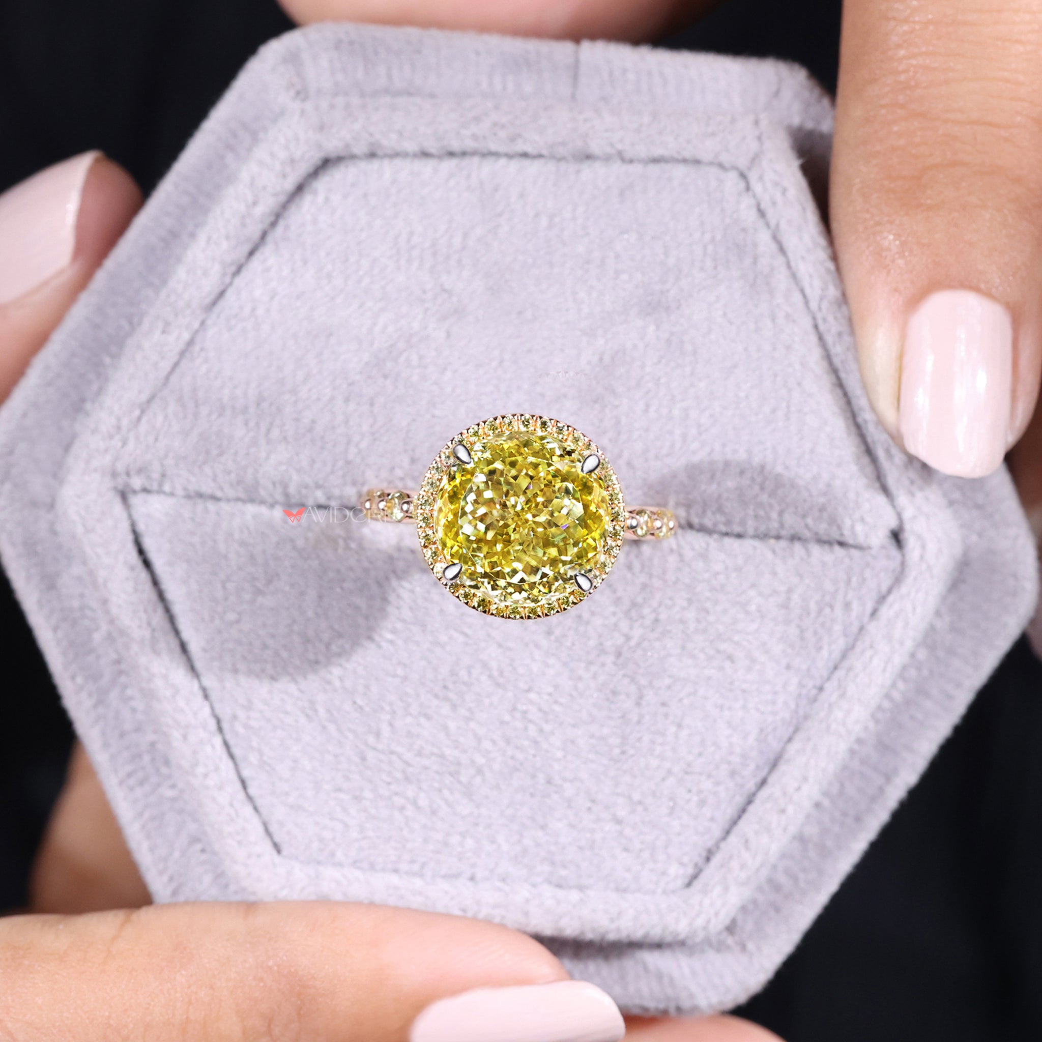 Portuguese cut moissanite ring, round cut engagement ring, pave band ring.