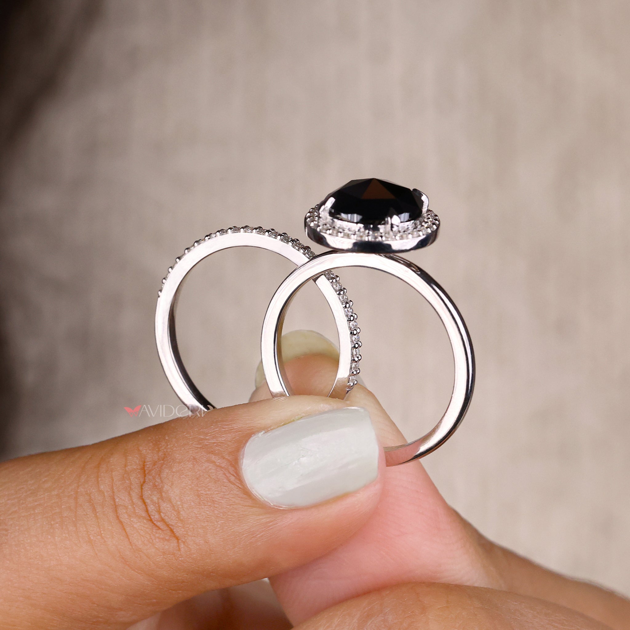 Half eternity band paired with a round rose cut moissanite engagement ring.