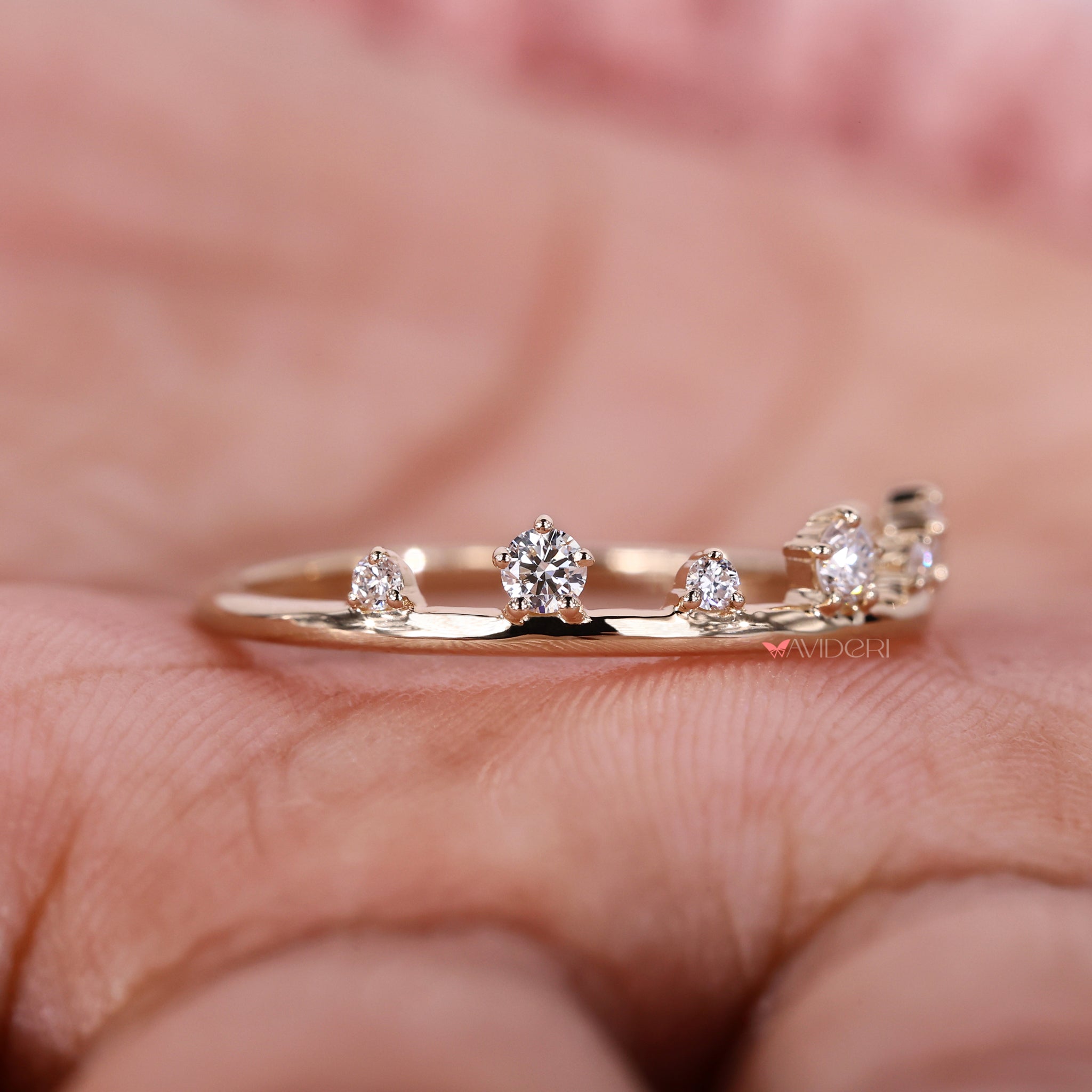 Distance pave wedding band with stunning diamond placement.
