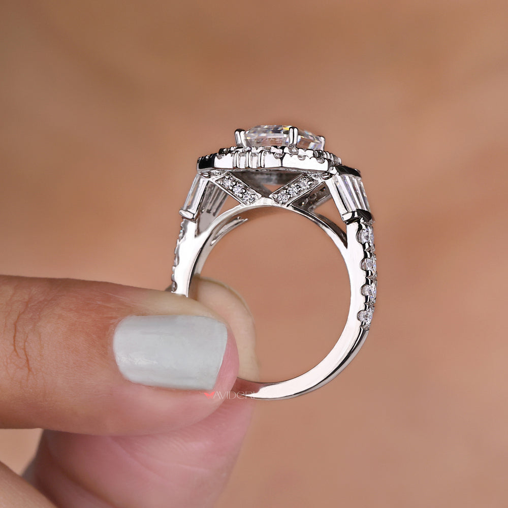 Gold emerald cut ring, round side stone ring, moissanite engagement ring
