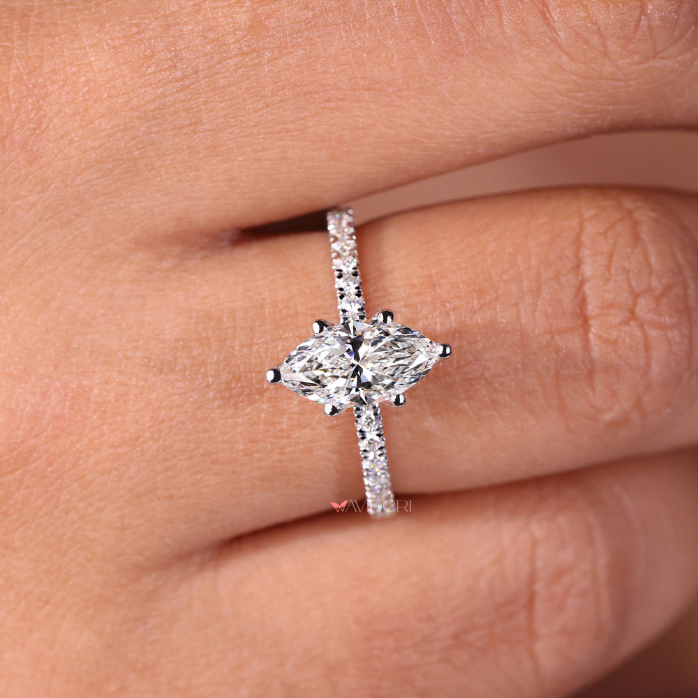 Marquise engagement ring crafted with intricate details.
