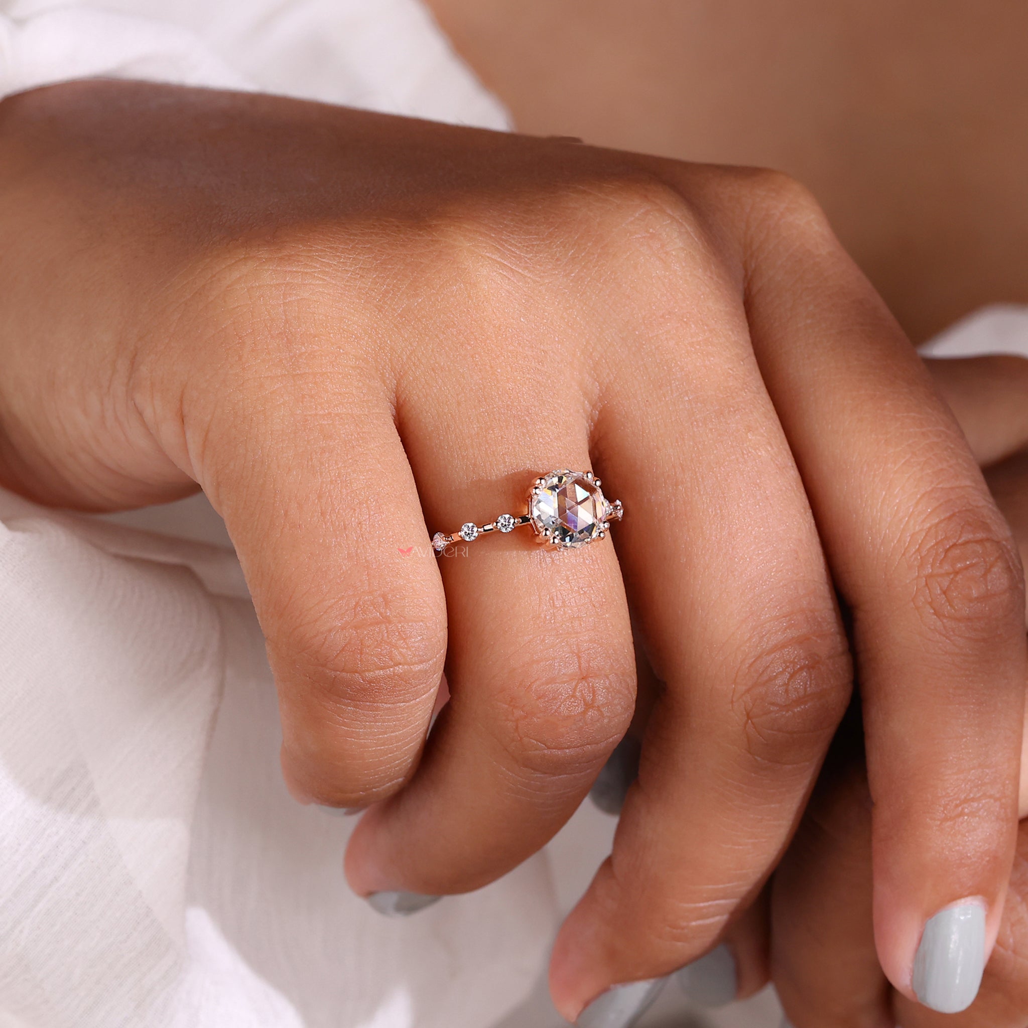 Round diamond ring, rose gold ring, distance pave ring