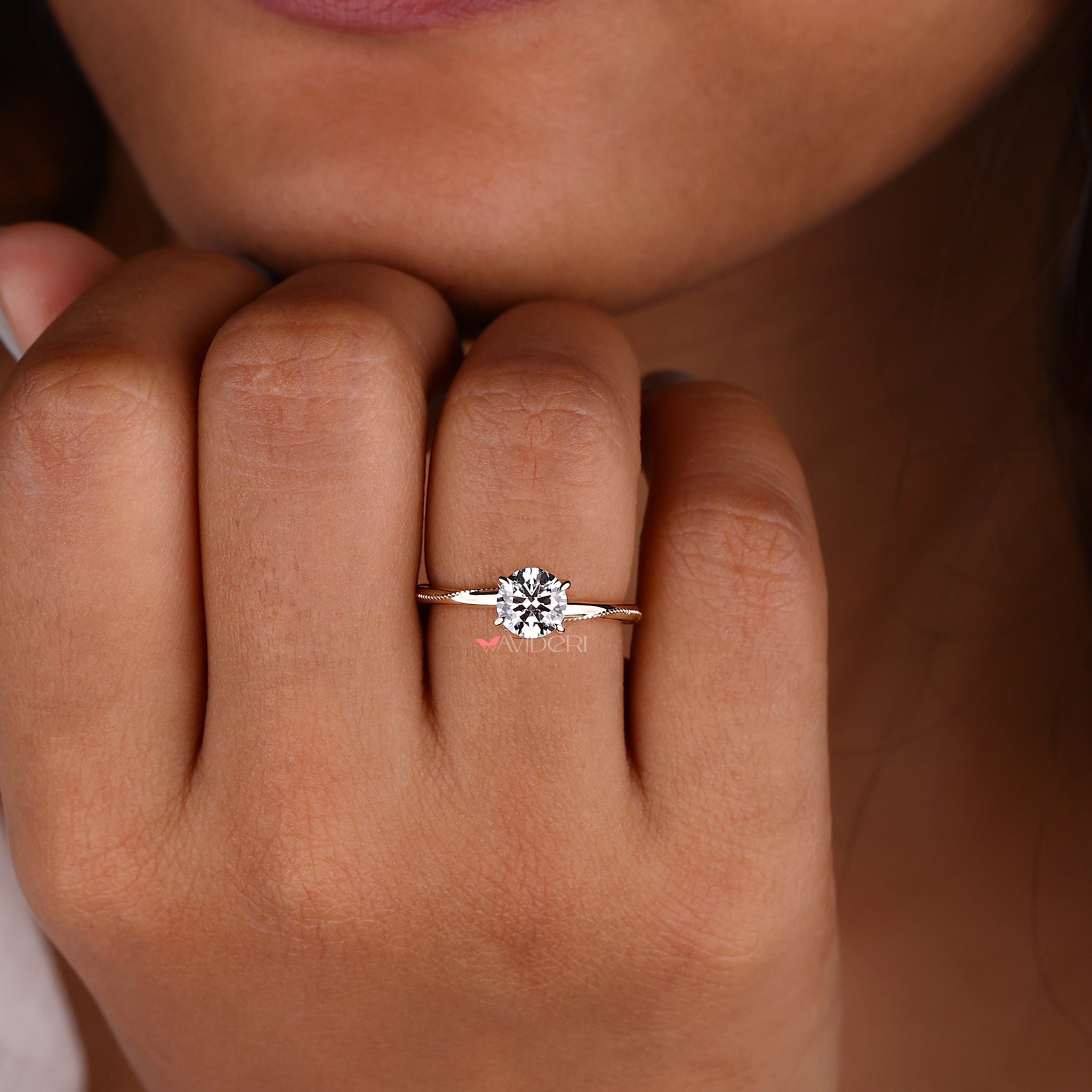 Solitaire diamond ring with igi certified lab grown diamond and milgrain details for a classic engagement look.
