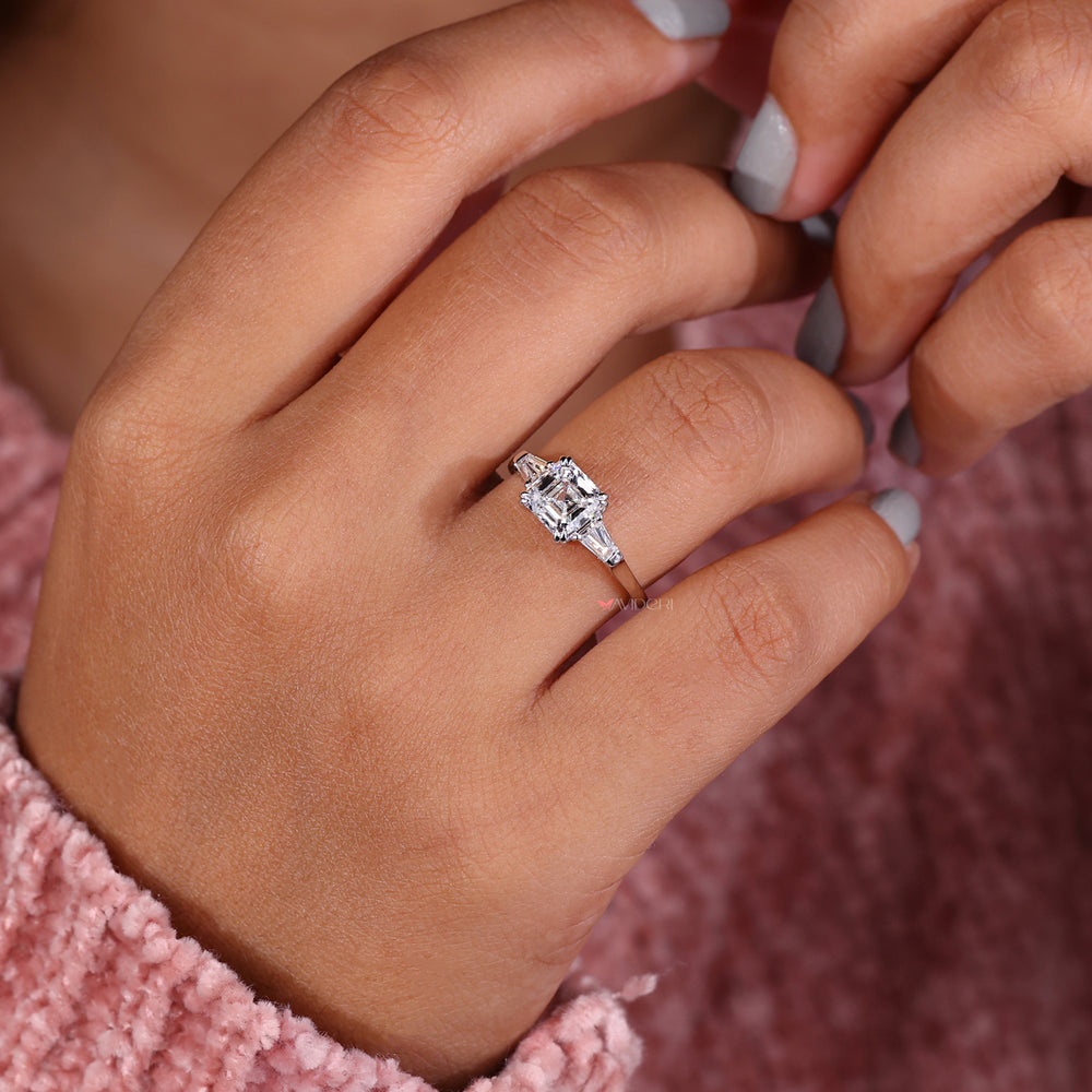 Handmade Three Stone Diamond Ring with tapered baguette engagement ring style, perfect for romantic proposals.

