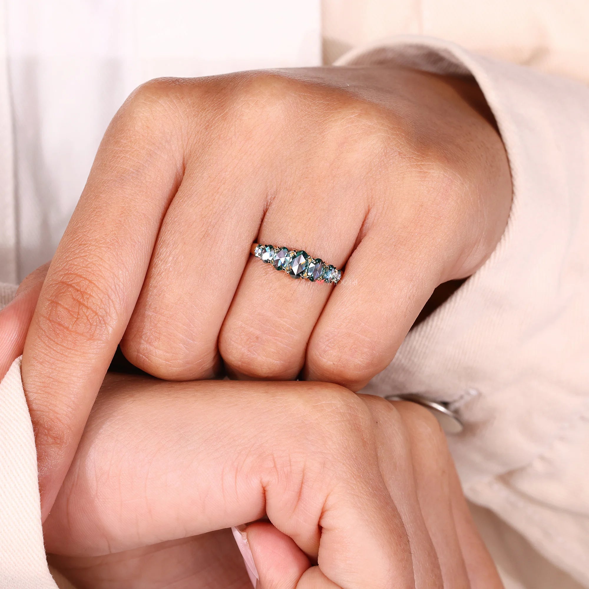 Oval rose cut wedding band with moissanite wedding band.
