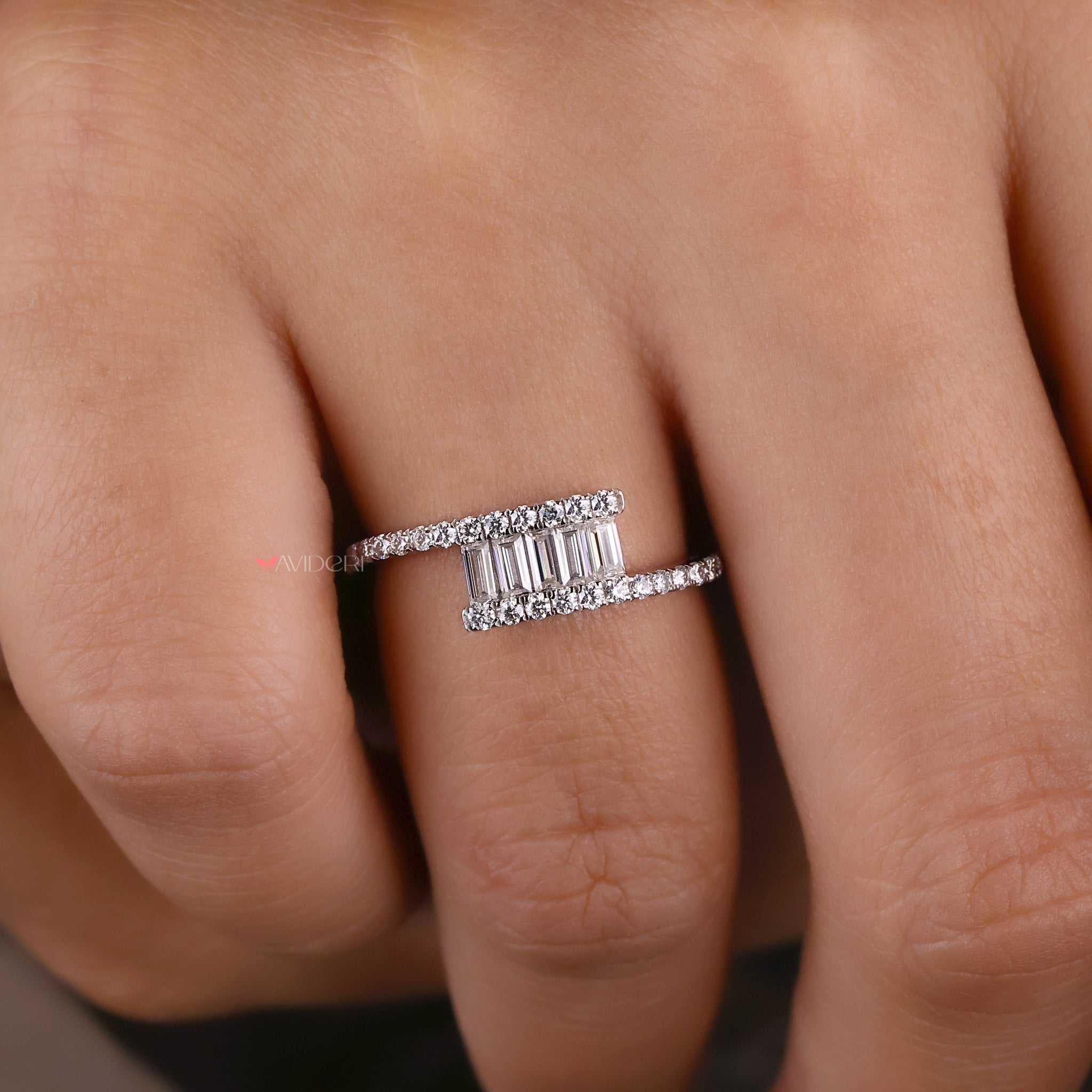 A bypass ring set with moissanite stones from Avideri.
