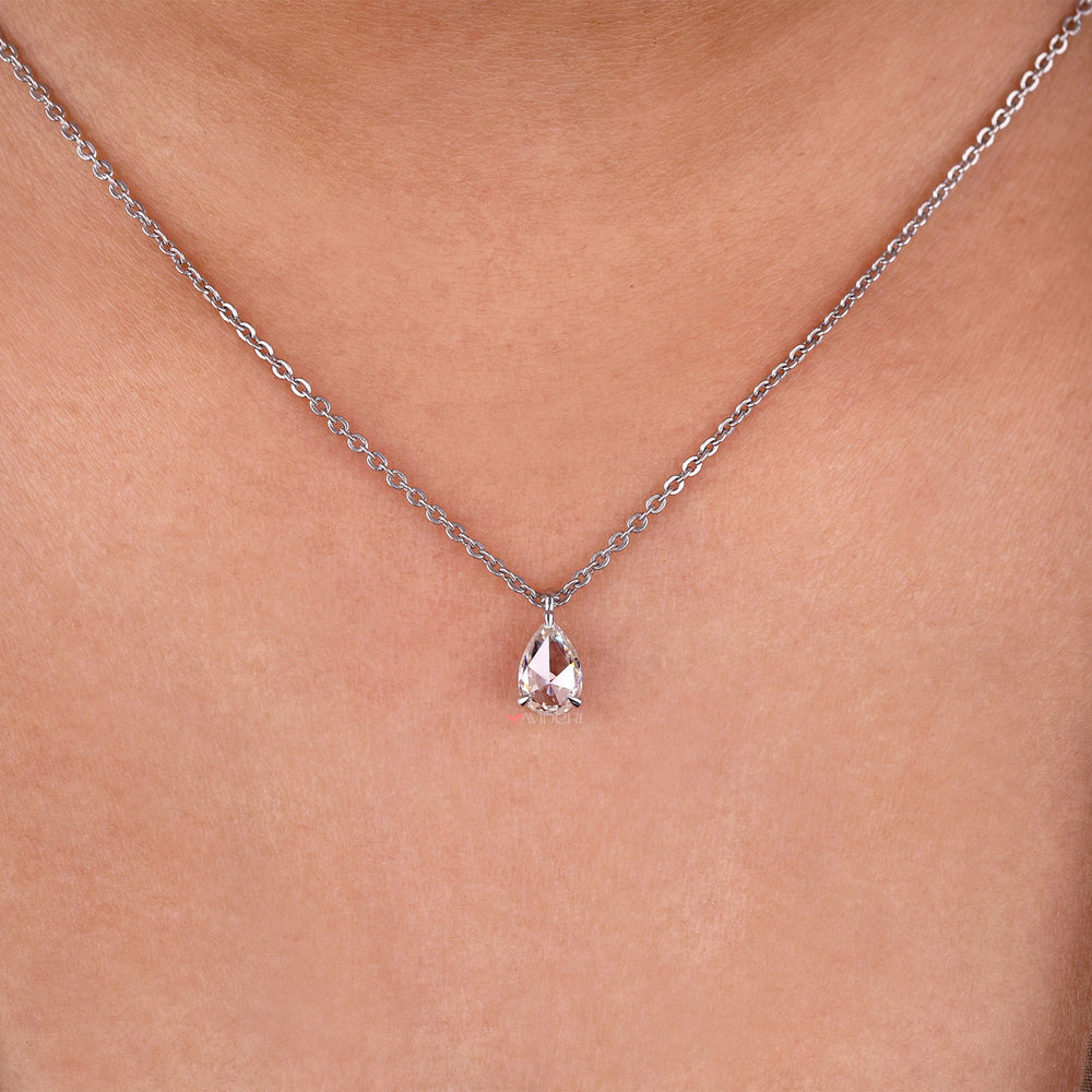 Pear rose cut solitaire moissanite pendant that glows with a brilliant shine, perfect for daily wear.