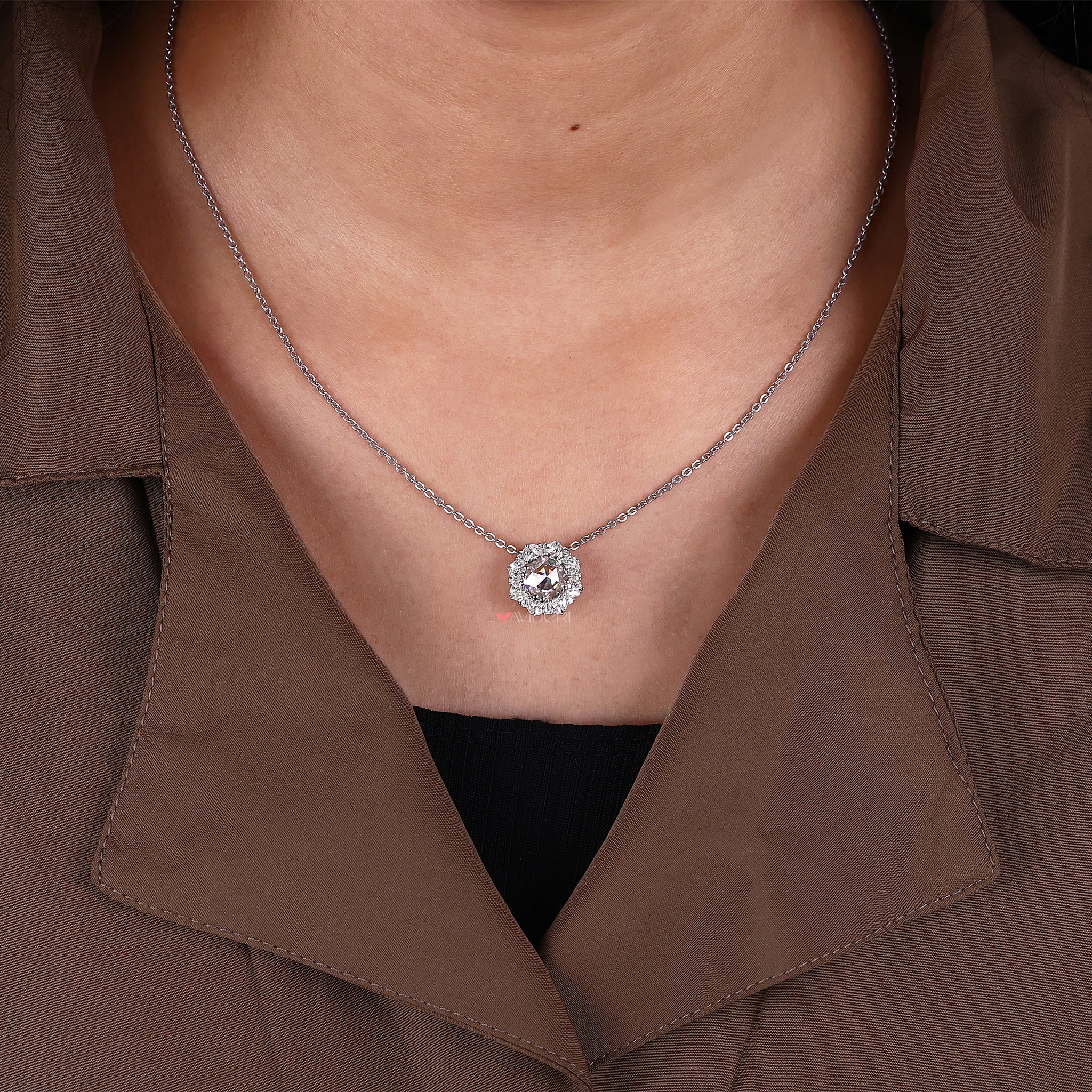 Round rose cut Moissanite pendant set for a stylish feel.