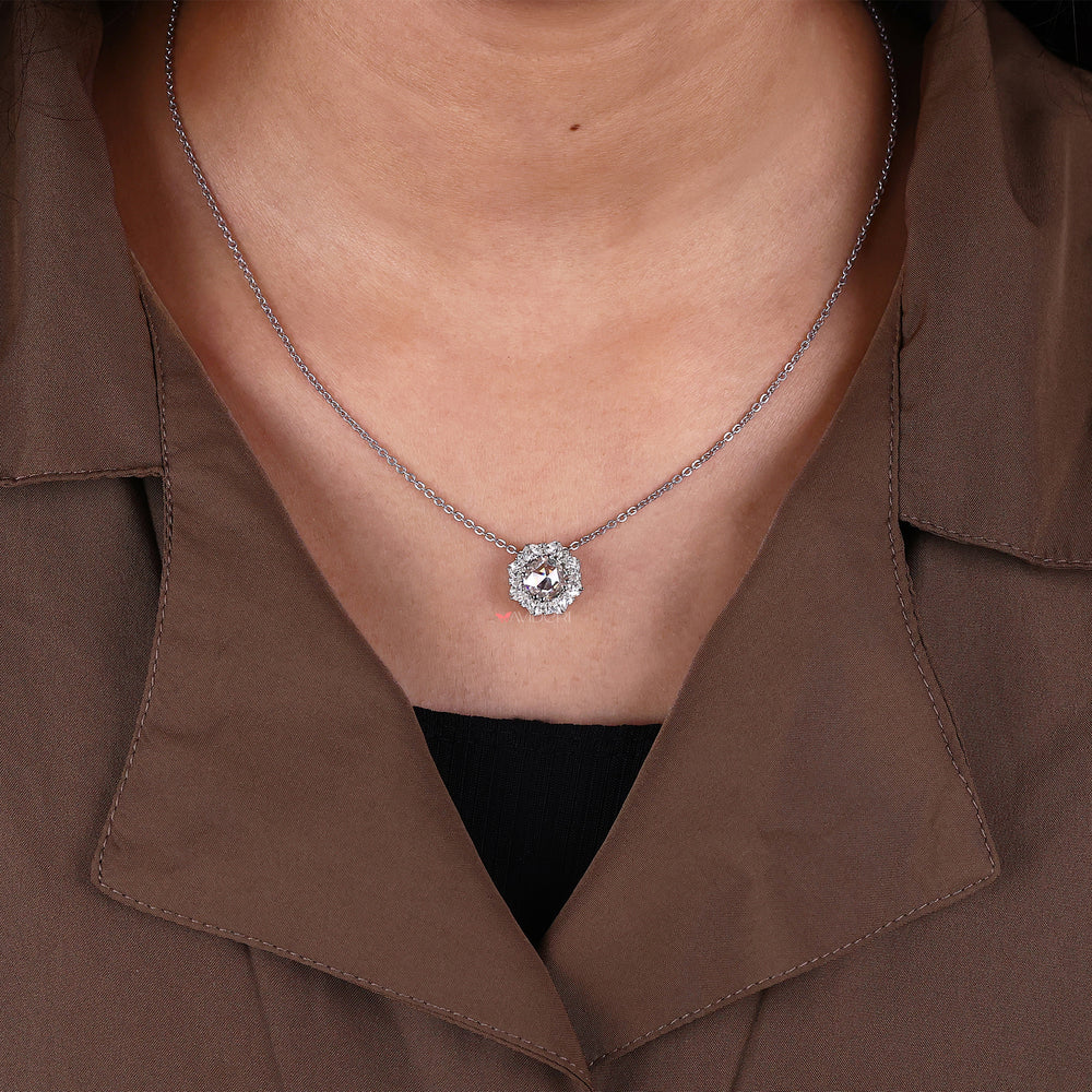 Round rose cut Moissanite pendant set for a stylish feel.
