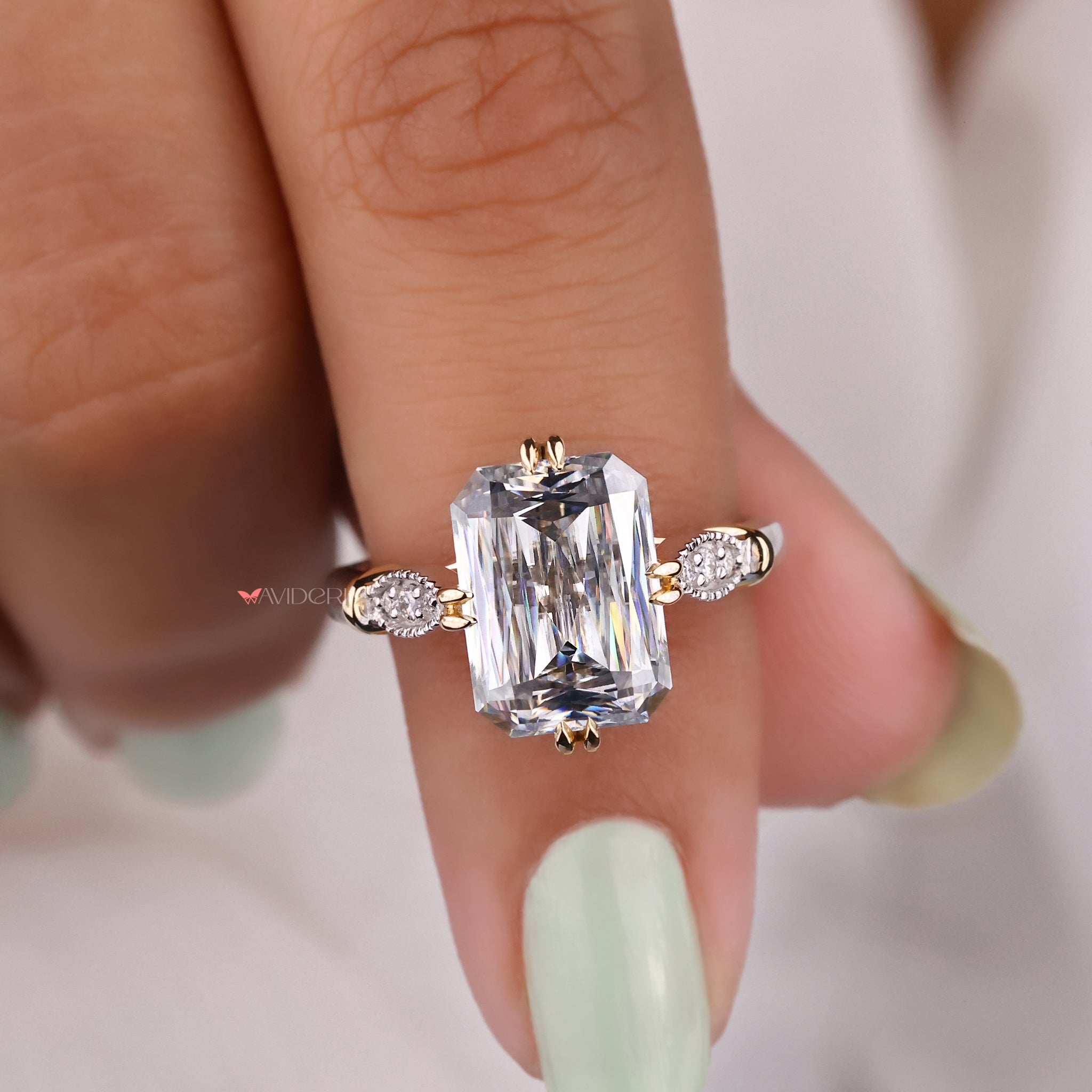 Two Tone Engagement Ring Criss Cut Moissanite