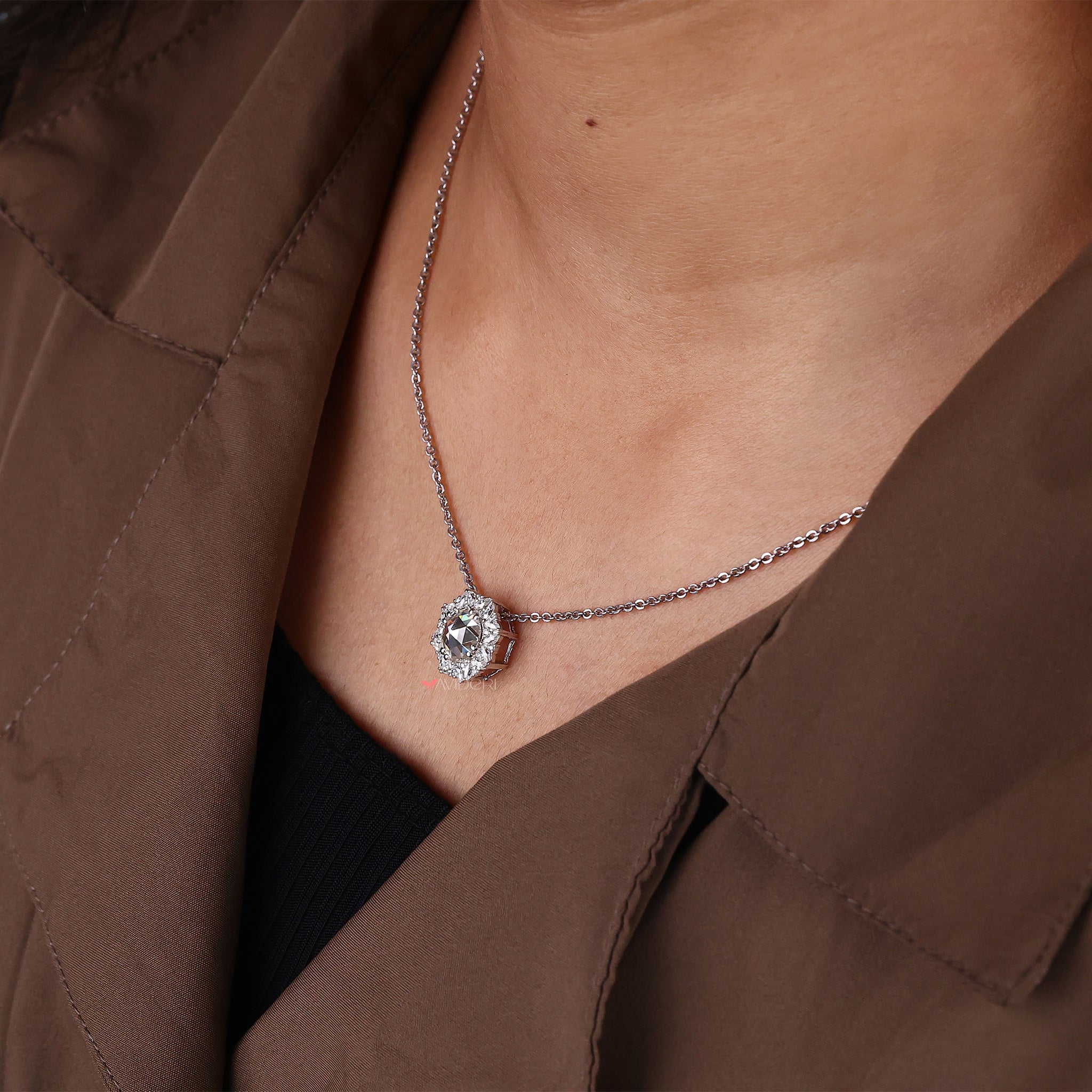 Vintage style round rose cut Moissanite pendant perfect for gifts.