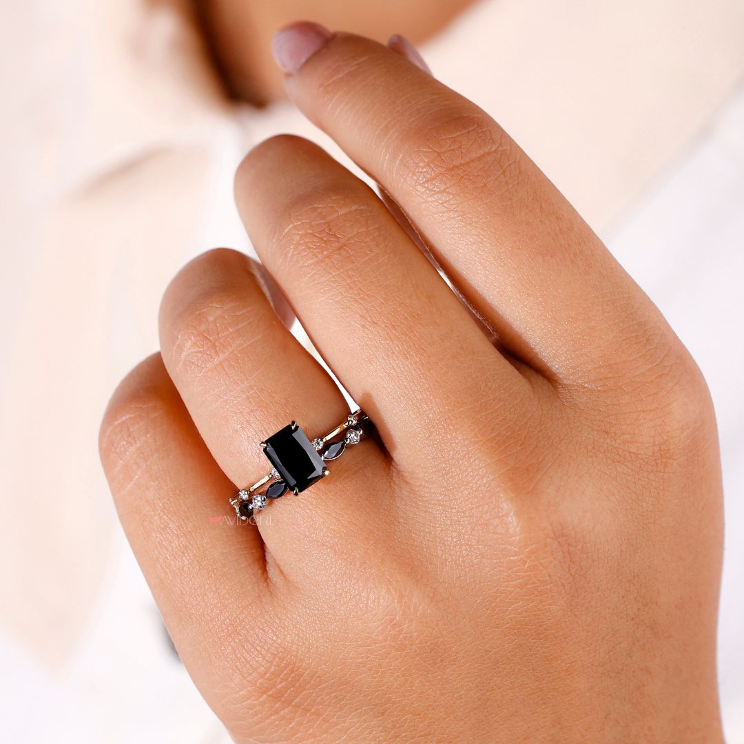 A shared prong wedding band adds shine with small stones.