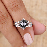 Round Rose Cut Black Moissanite Engagement Ring – Floral Charm