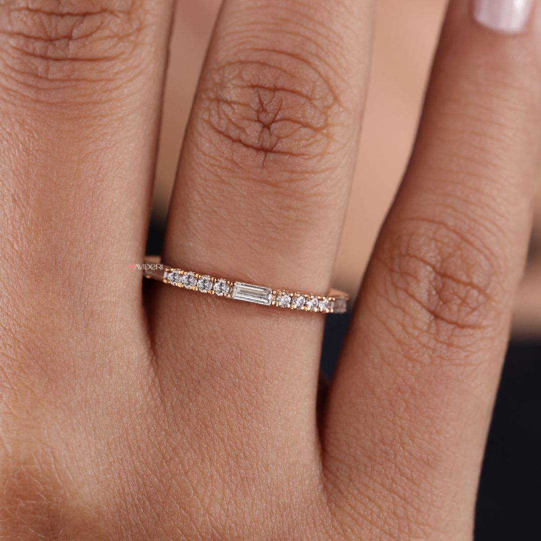 Half eternity wedding band offers balanced sparkle and a lightweight, comfortable fit.
