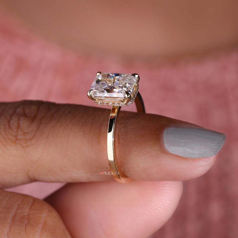 Radiant round cut moissanite ring for a unique and elegant style.
