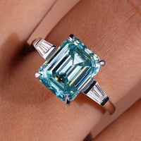 Cyan Blue Emerald 3 Stone Moissanite Ring In Cathedral Setting