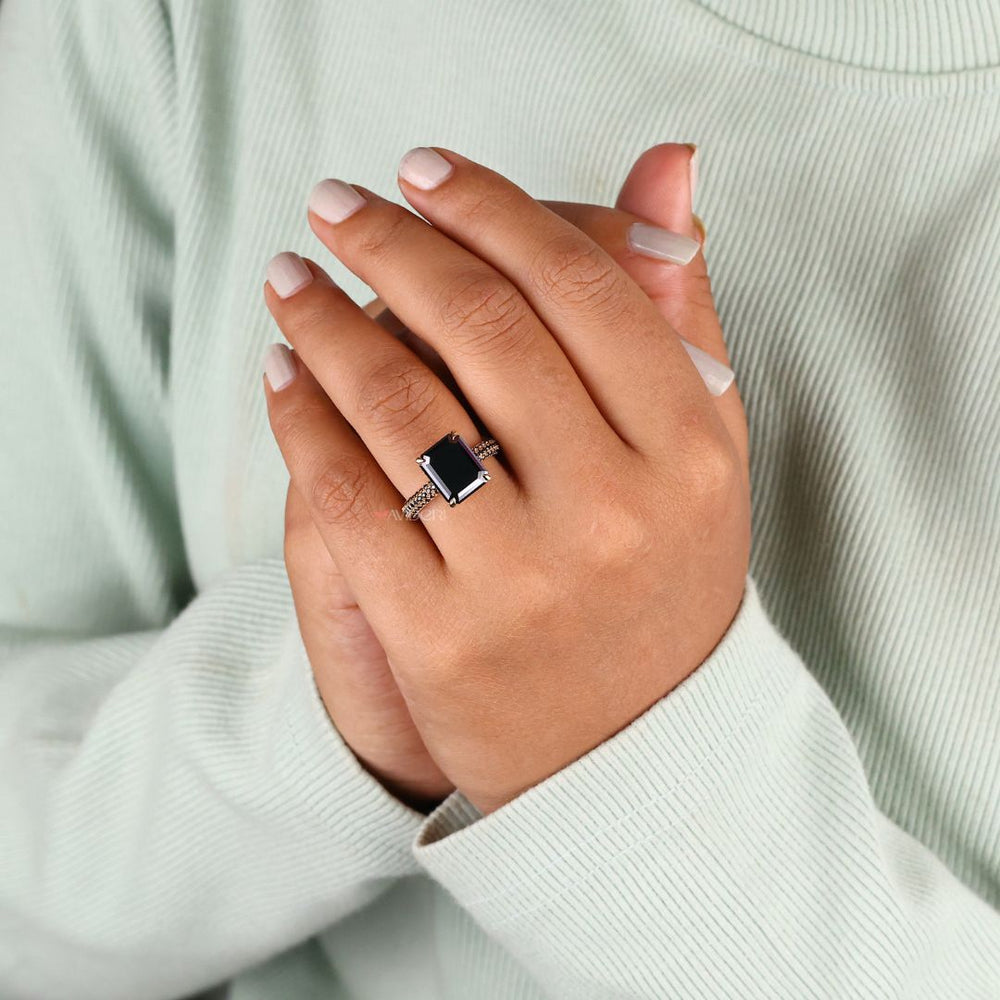 Pave setting ring, handmade ring, gold emerald cut ring
