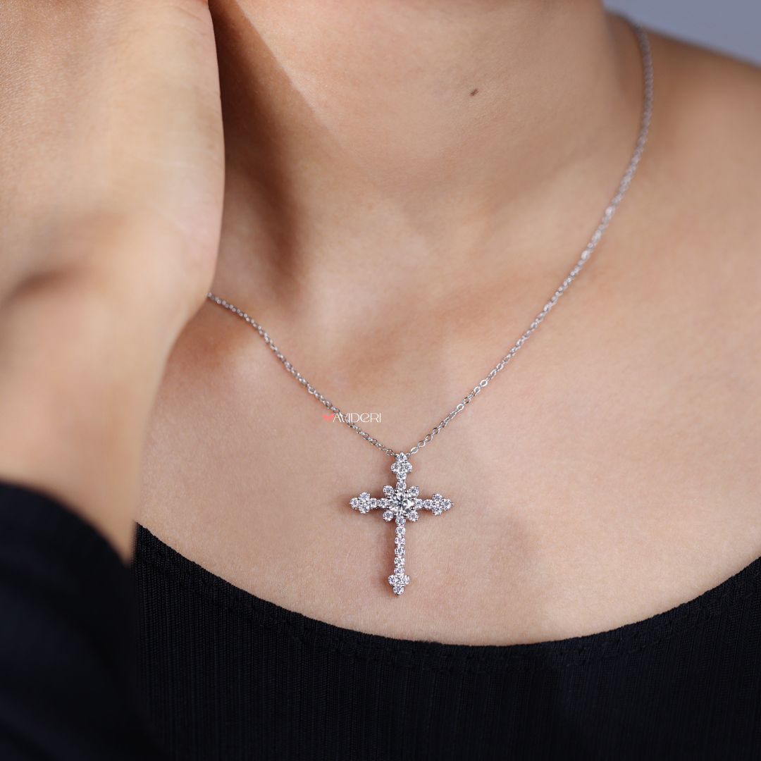 Round cut religion pendant captures devotion with a shining finish.