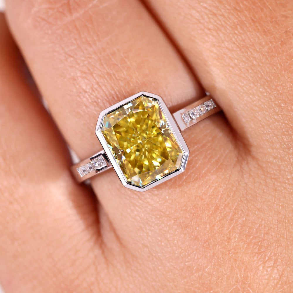 Radiant cut ring with bezel engagement ring design

