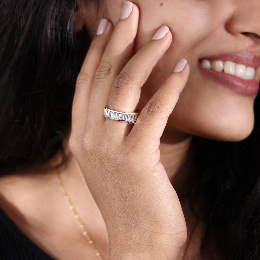 Baguette cut moissanite adds sharp brilliance with a modern, elongated shape.
