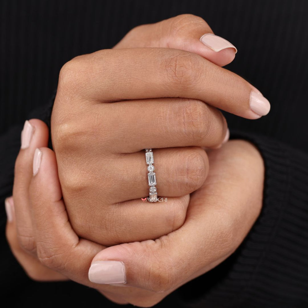 Half eternity wedding band offers balanced brilliance and everyday comfort.
