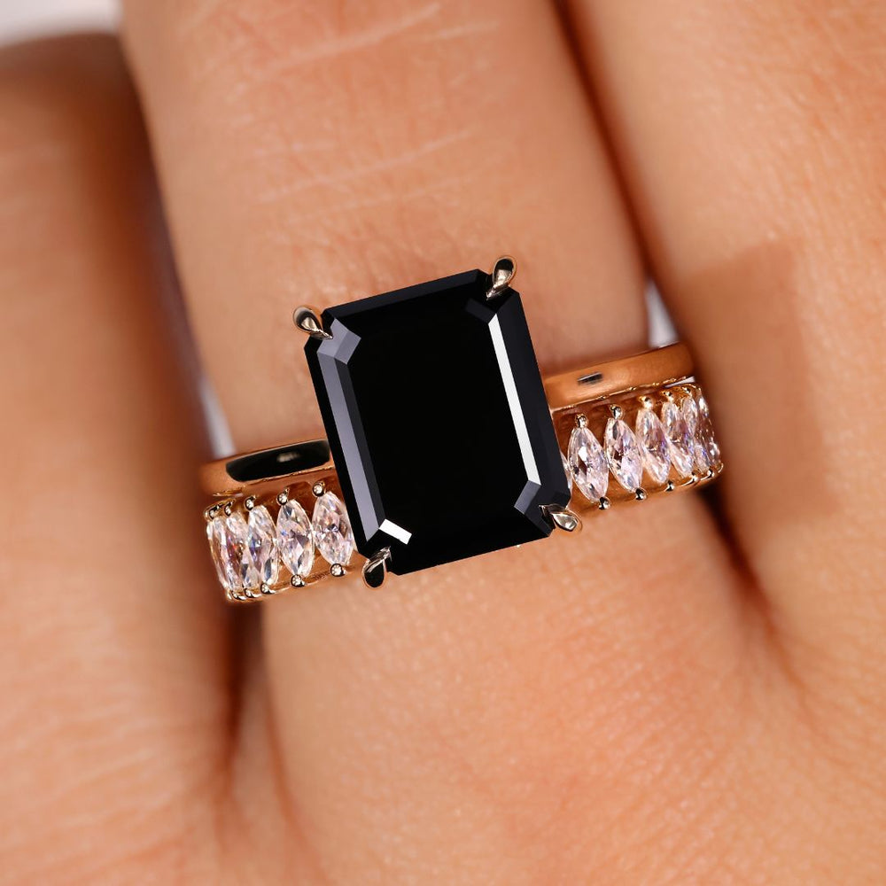 emerald cut bridal set emerald-cut diamond bridal ring set Hidden Halo Setting Cathedral Ring.