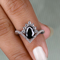 Black Moissanite Pear Cut Engagement Ring Set - Chevron Band
