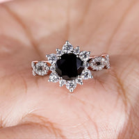Black Round Cut Ring With Halo Style And Twisted Pave