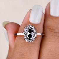 Oval Rose Cut Black Moissanite Ring – White gold Setting