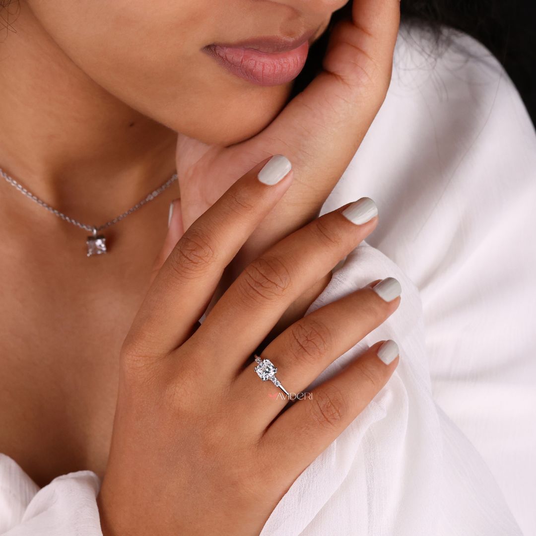Cushion cut engagement ring crafted with soft edges and a brilliant moissanite center.

