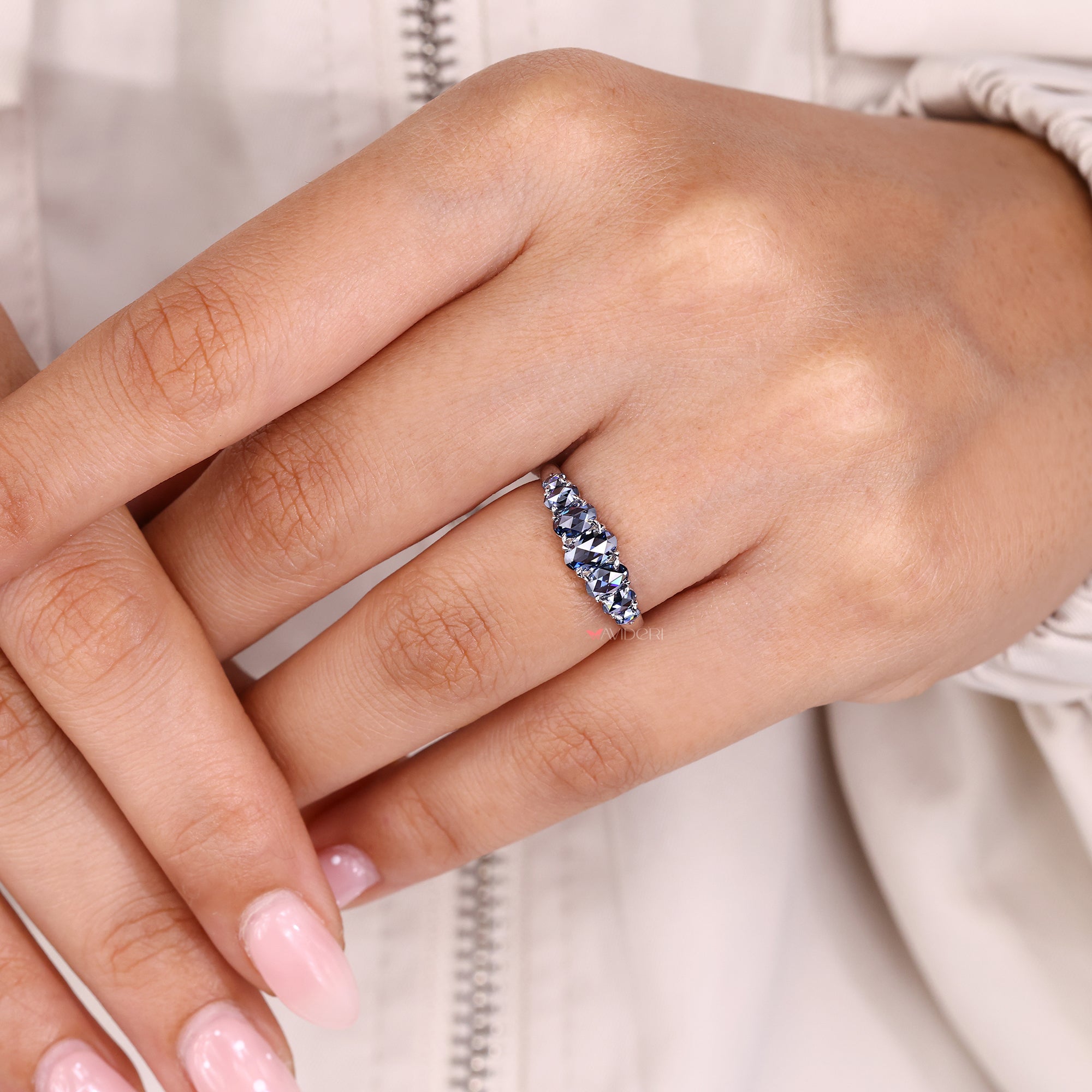 Moissanite wedding band in custom wedding band design.
