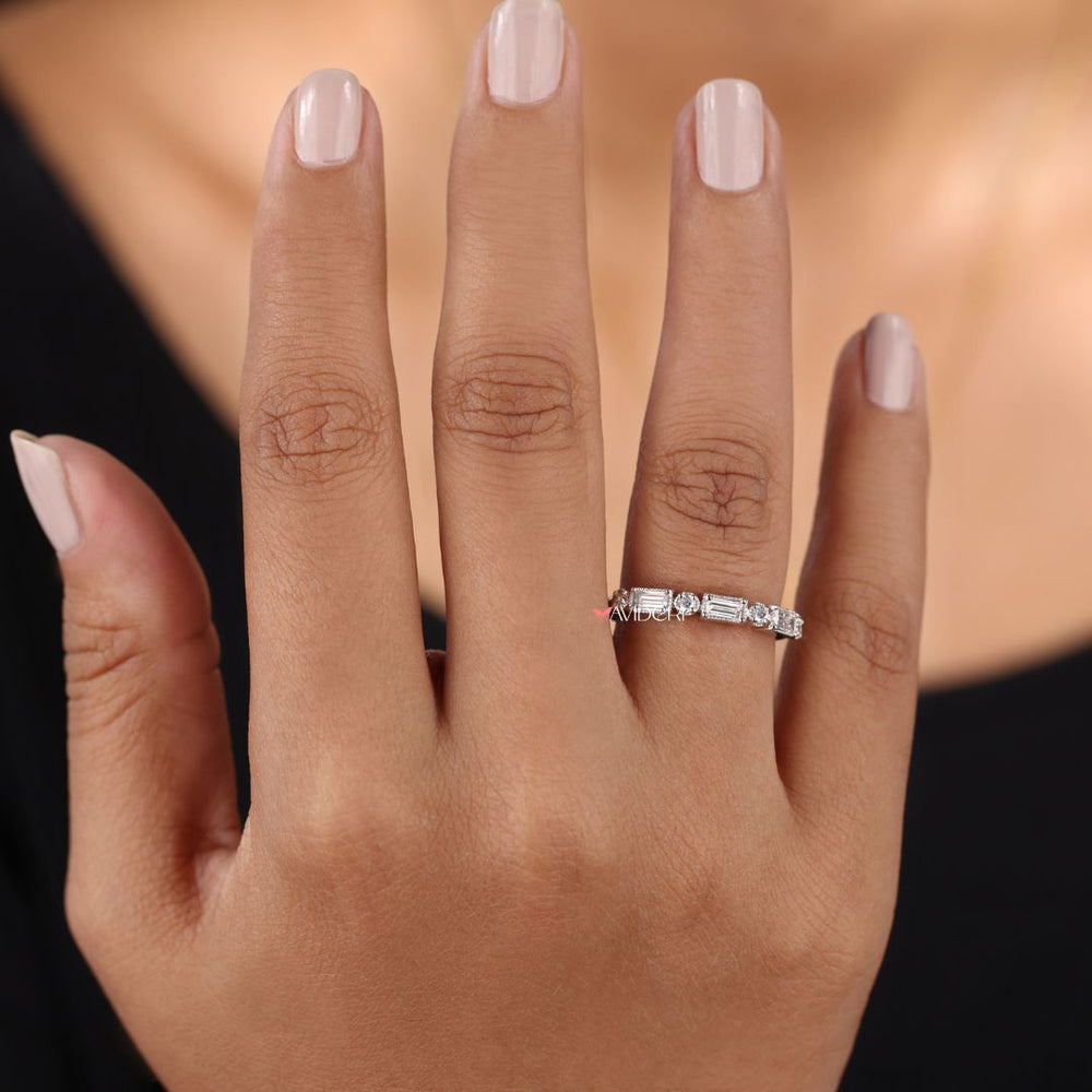 White gold wedding band shines with a sleek, polished finish and modern appeal.
