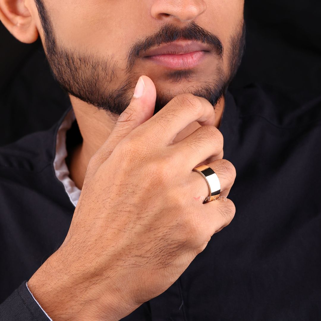 Engagement Ring for Men with a fully filled gold band and moissanite accents.

