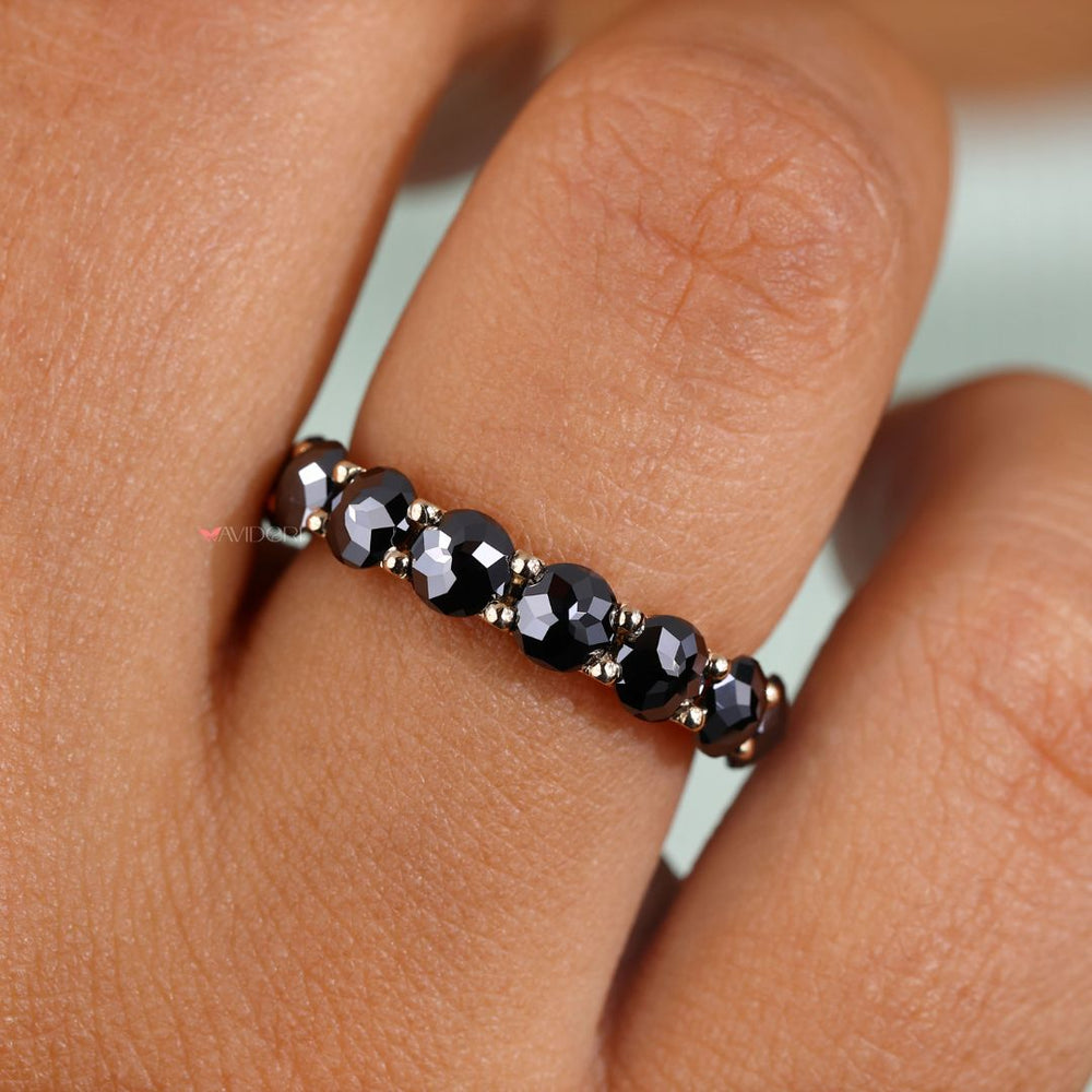 Round rose cut wedding band captures light with soft sparkle.