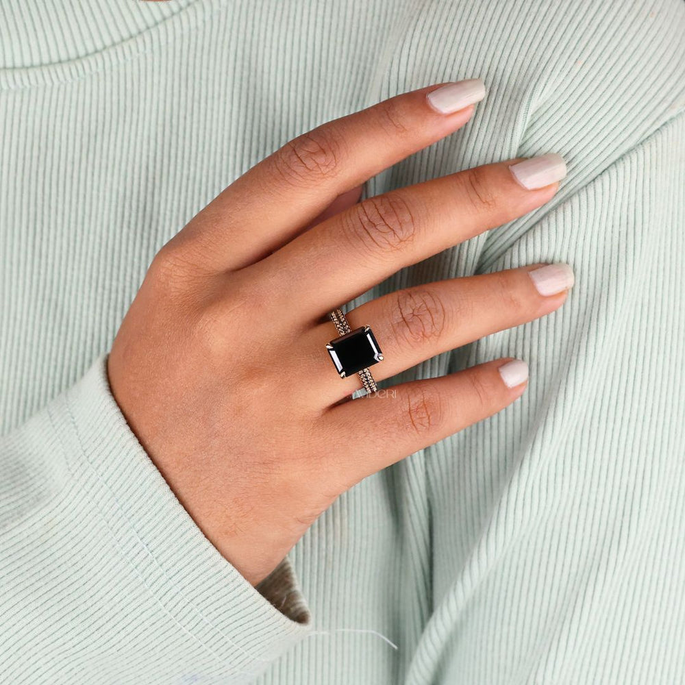 Emerald cut ring, prong setting, pave setting ring
