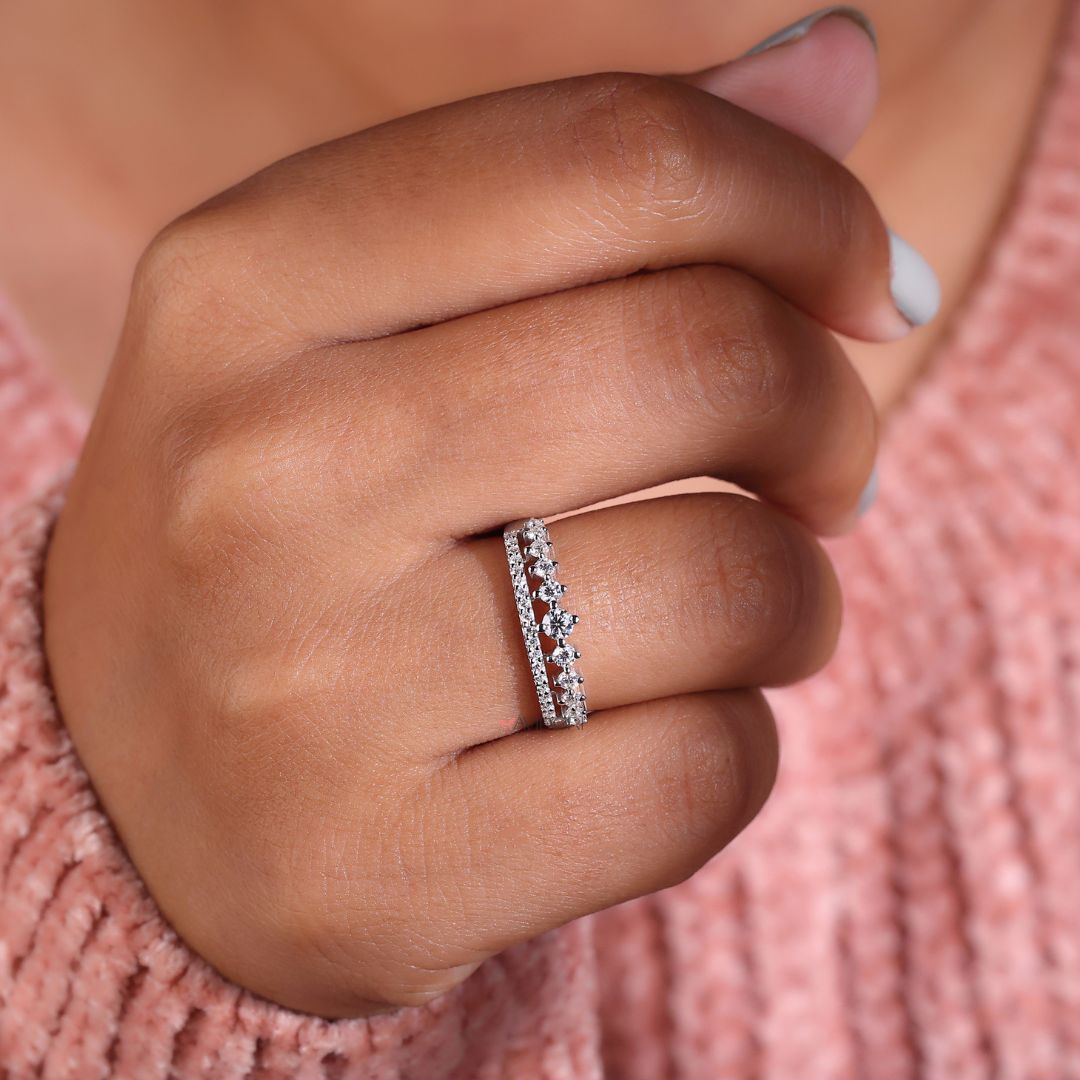 White gold pave wedding band with a smooth finish.
