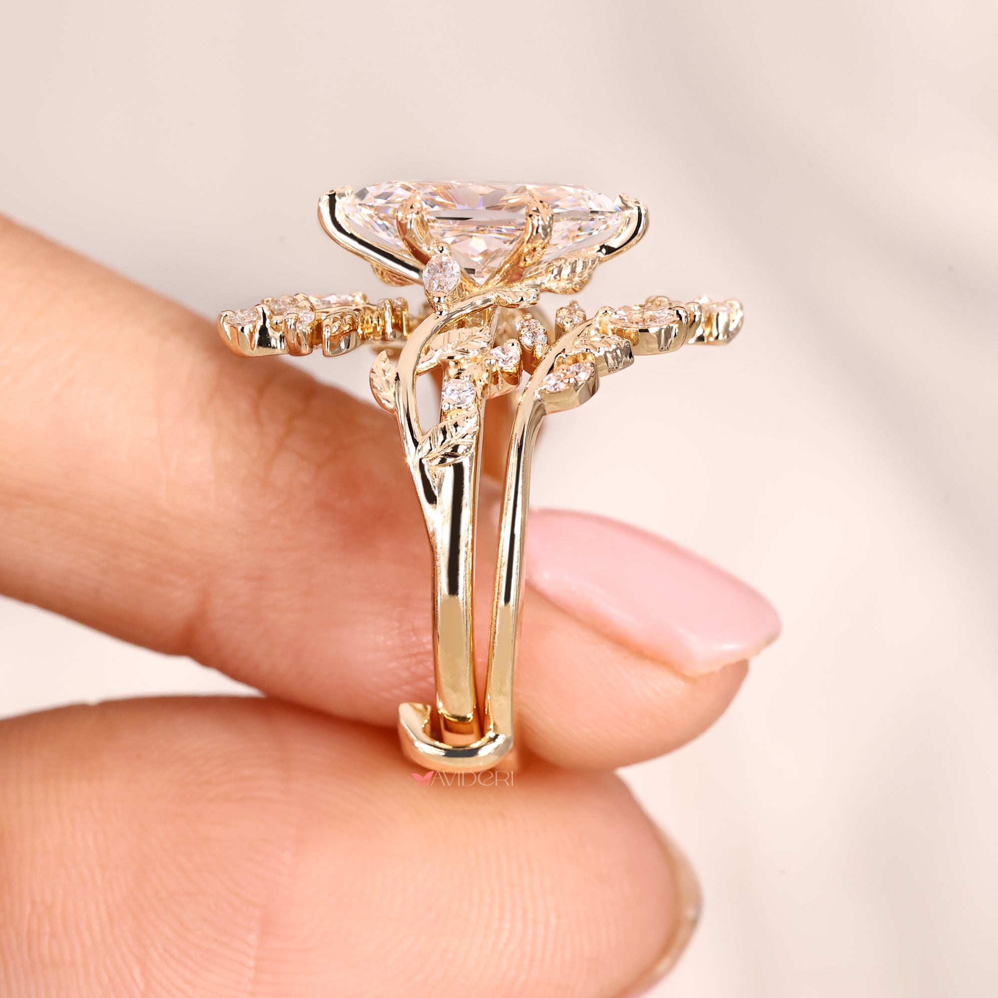 Marquise and round wedding band with wrap guard wedding band.