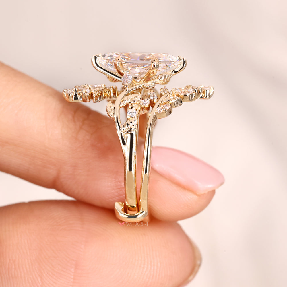 Marquise and round wedding band with wrap guard wedding band.