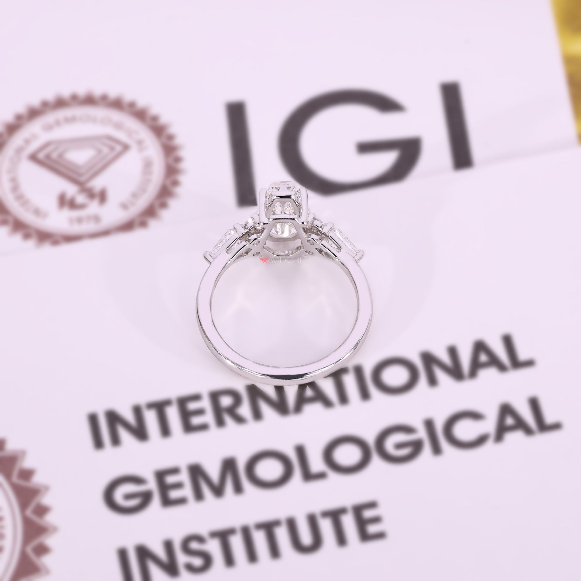 IGI certified lab grown coffin cut engagement ring in white gold.