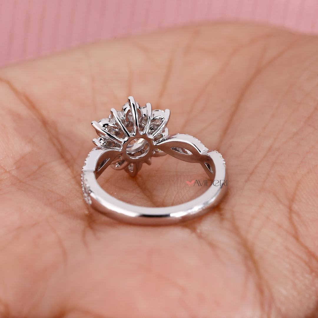 With a soft glow, the white gold engagement ring offers a polished finish.
