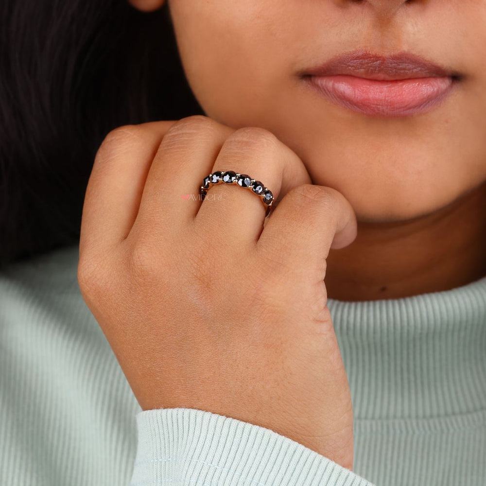Black round rose cut wedding band offers a unique and stylish look.